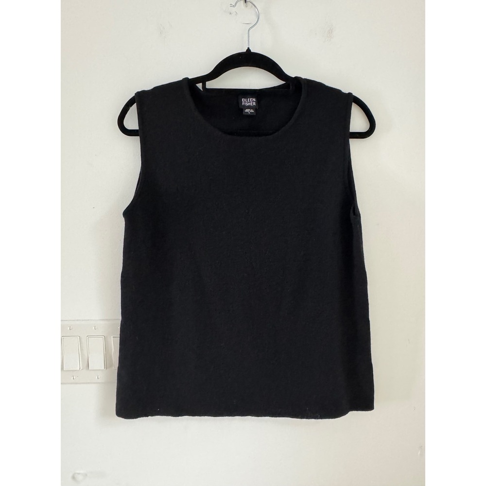 Eileen Fisher Black 100% Italian Wool Sleeveless Sweater Top Large